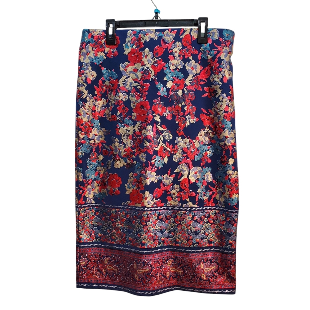 Eci New Stretch Pullon Metallic Shimmer Floral Pencil Skirt Size M Blue,‎ Gold,